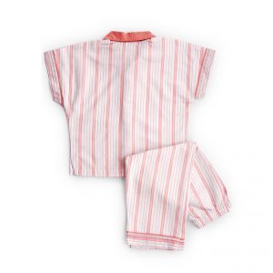 Flatlay of rear side of peach striped pyjama set with a hand-embroidered open collar shirt and straight fit pants