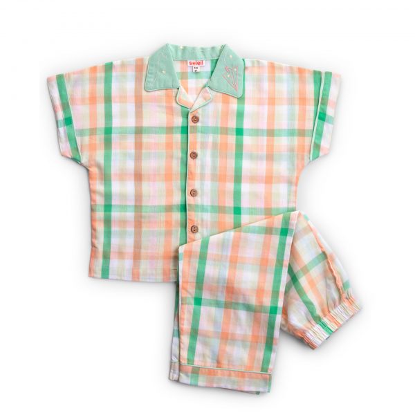 Checked pyjama set with hand embroidery in the collar