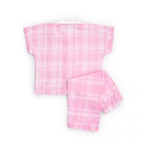 Flatlay of the rear side of pink pyjama set with hand embroidered open collar shirt and straight fit pants