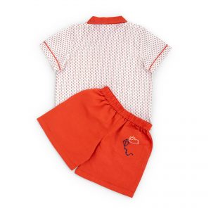 orange shorts with kite embroidery and matched white and orange cotton boys shirt
