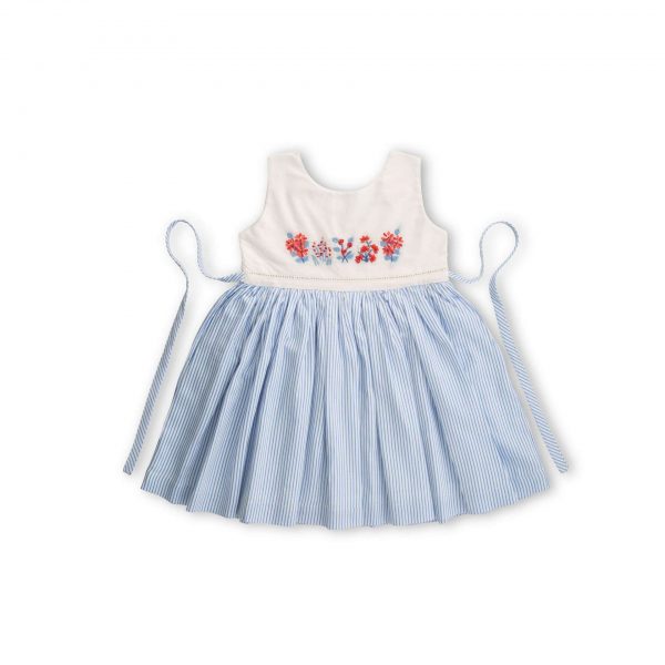 Flatlay of powder blue cotton dress with beautiful floral hand-embroidery, delicate lace details with back ties