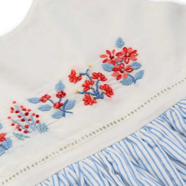 Close up of hand embroidered flowers on white and blue striped sleeveless dress