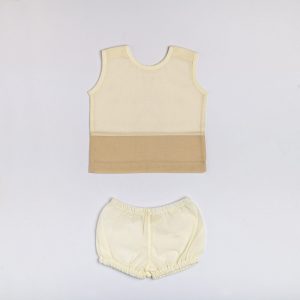 Sleeveless unisex infant jabla in ivory and tan with matched diaper cover