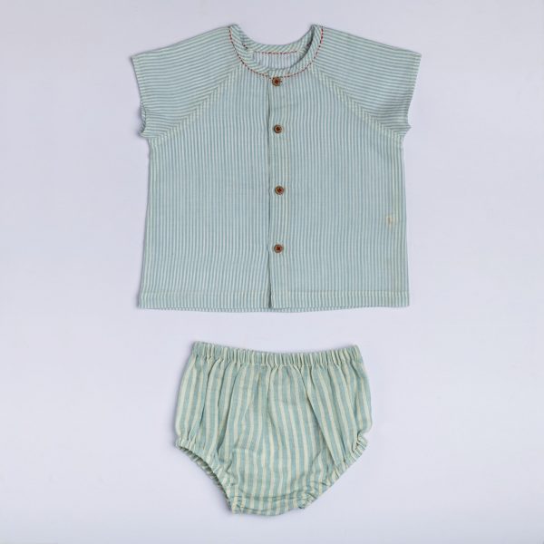 pale green stripe jabla and bloomer set for infants with red stitching and wood buttons