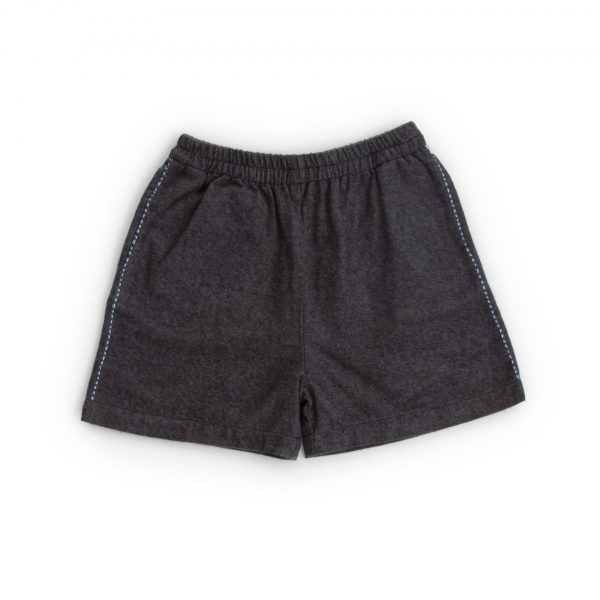 Black unisex elastic waist pull on shorts with side stitching in blue