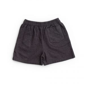 Rear image of dark grey cotton shorts with back pocket and elastic waistband