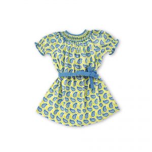 Flatlay of indian mango print dress with hand smocked neckline, puff sleeves, and removable fabric belt