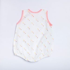 Back view of infant sleeveless romper with pink stripe piping and stars printed on a white base