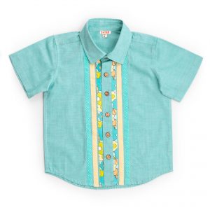 Teal chambray shirt with patchwork stripes and wooden buttons