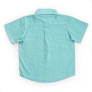 Back of a half sleeve boys shirt in aqua chambray