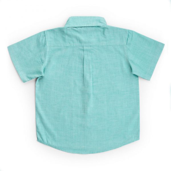 Back of a half sleeve boys shirt in aqua chambray