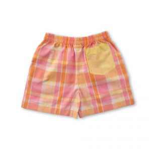Rear image of pink and yellow checked shorts with hand embroidered sun on back pocket with elastic waistband