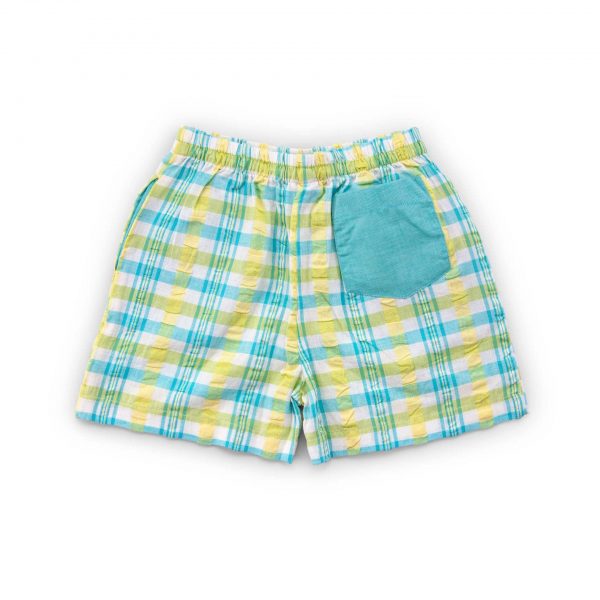 teal and yellow seersucker cotton boys shorts with pocket