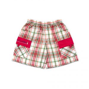 Red and green plaid shorts with a cargo pocket flap in red and an ealsticated waistband