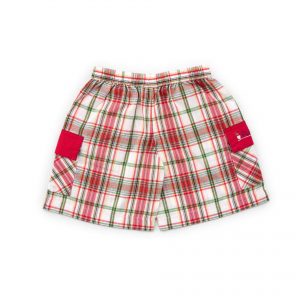 A pair of red, green and white plaid cotton shorts with cargo style pockets on the side