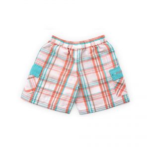 White plaid shorts with teal and melon , cargo pockets embroidered with inspirational message