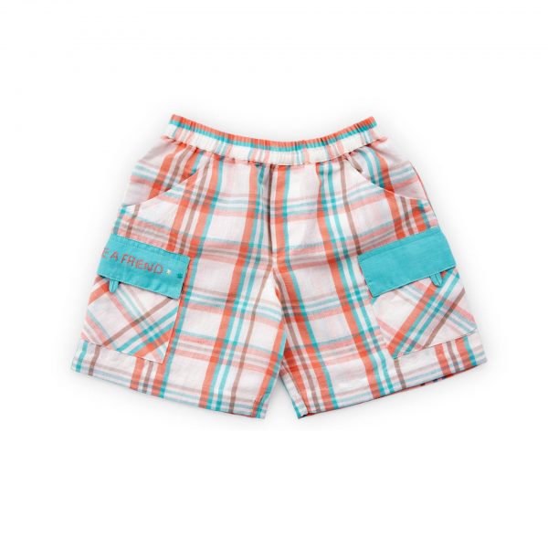 Flatlay image of pocket message cotton shorts in teal and orange checks