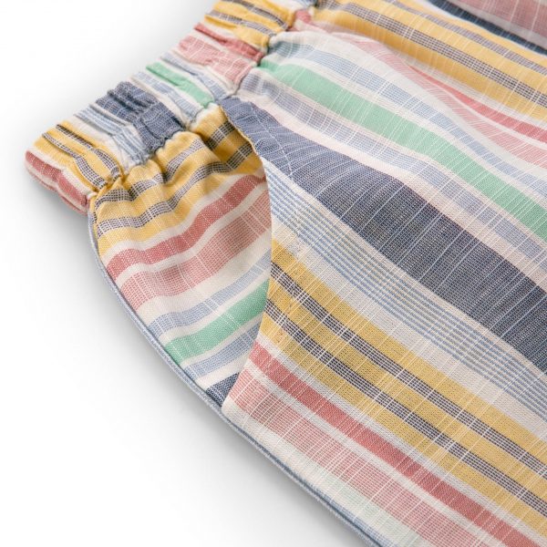 Close-up of rainbow stripe scallop hem shorts for girls with side pockets