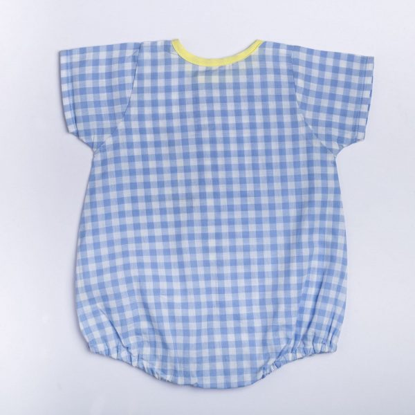 Back view of blue gingham onesie with yellow neckline piping