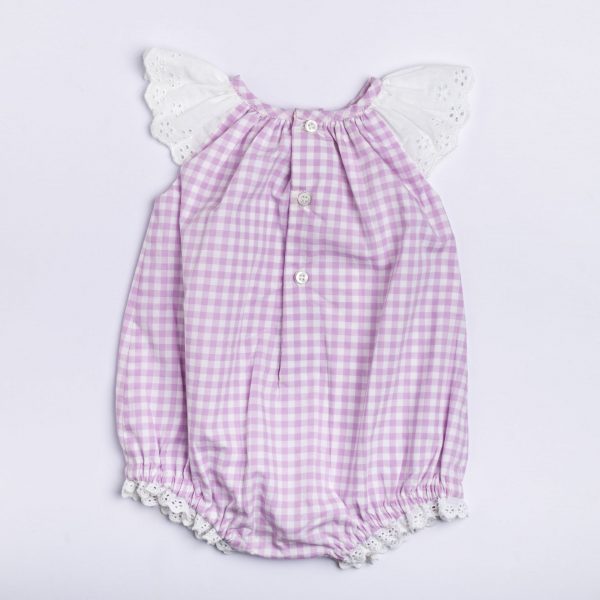 Back side of cotton lavender check baby onesie with smocking, lace and inseam snaps