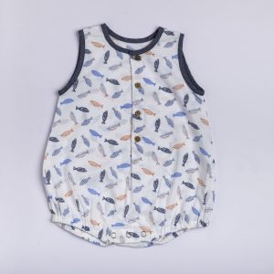 Fish printed cotton infant onesie with front opening and contrast piping