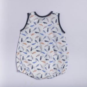 Infant romper in a fish print in shades of blue and orange