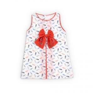 A-line girls dress with box pleat and fish theme print in white and blue
