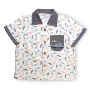 Fish print boys half sleeve shirt with an embroidered pocket