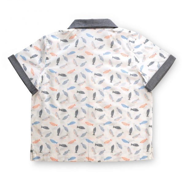 Back view of a fish print boys everyday wear shirt with a navy collar