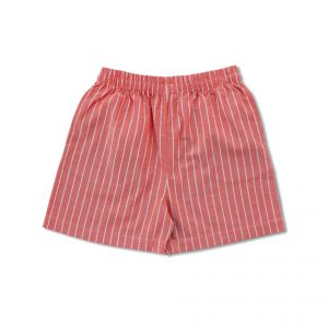 Flatlay of coral and grey striped shorts with elastic waistband