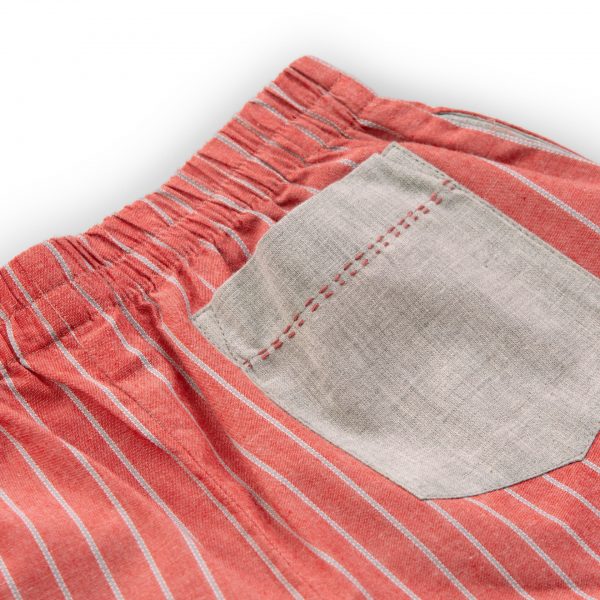 Coral and grey stripe boy shorts with a grey pocket with hand kantha lines stitched in coral