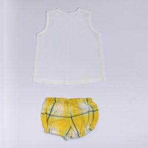 Rear image of white muslin jabla with hand embroidered clouds and sun matched with yellow plaid bloomers