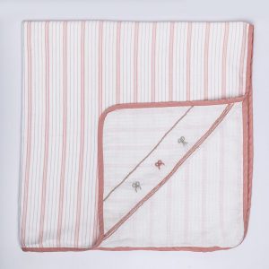Striped baby blanket with hand embroidered details and contrast peach piping