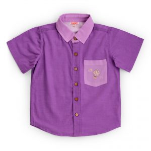 Flat lay of purple cotton shirt with lavender hand embroidered pocket and collar