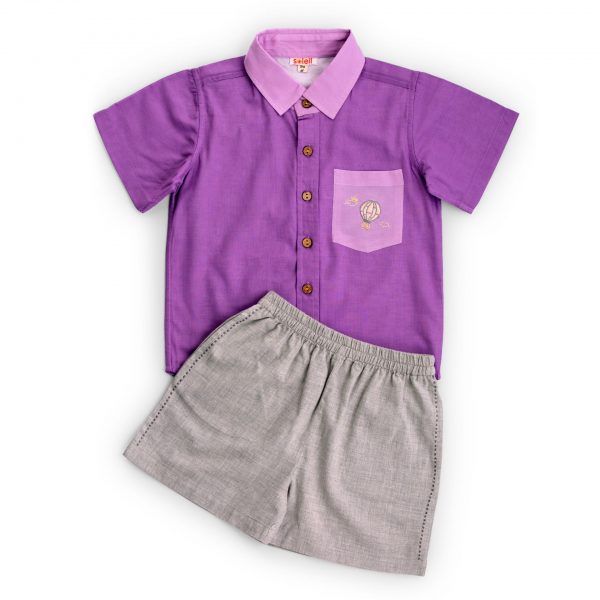 Lavender half sleeve boys shirt with pocket embroidery and grey pull on elasticated shorts