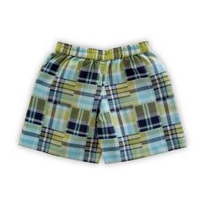 A pair of blue and green faux patchwork cotton shorts