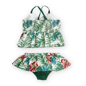 shirred back top and ruffle bottom bikini set for swimwear for girls in a deep green jungle print