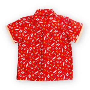 Rear image of red printed shirt with coordinated fabric bands stitched underneath the pocket and sleeve hems