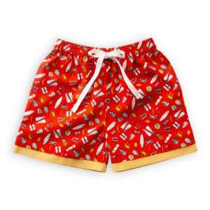 Flatlay of red printed shorts with a faux drawstring, two contrast side pockets and contrast bands for bottom hems