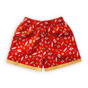 Red printed shorts with contrast bands for bottom hem and elasticated waist