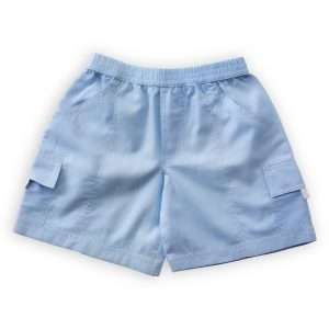 Flatlay of light blue shorts with side pockets, extra pockets with flaps, and elasticated waistline