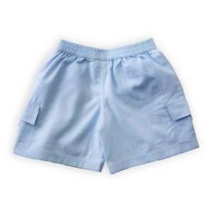 Flatlay image of a pair of pastel blue cargo shorts