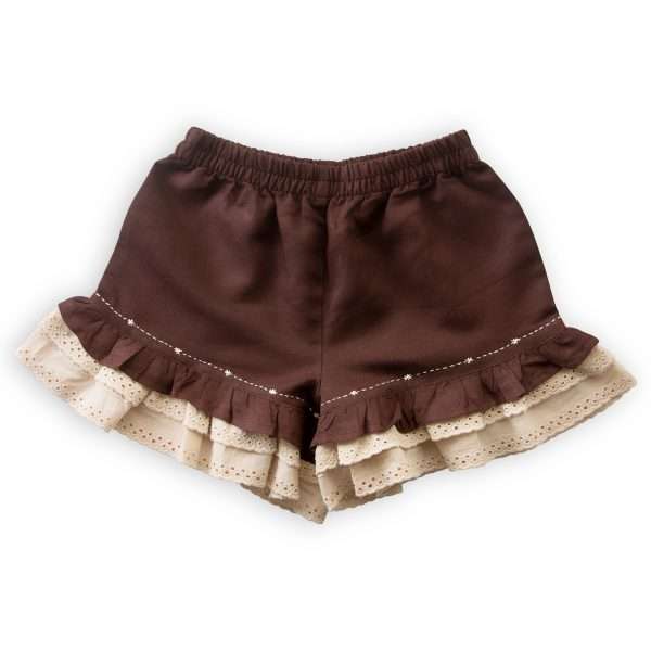 Brown linen girls elasticated shorts with lace hem ruffle and embroidery