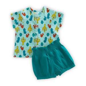 Flatlay of teal cactus printed cotton vest and bloomer set