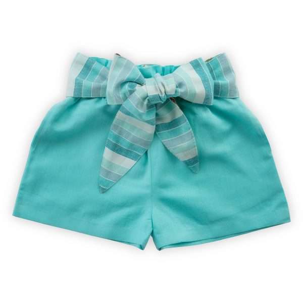Aqua linen paperbag shorts with a smart reversible fabric belt