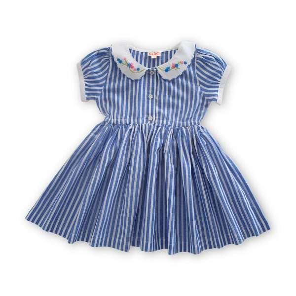 Flatlay of blue striped dress with a floral hand embroidered collar