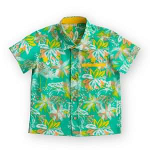Boys shirt in a green palm tree print with trims in a bright yellow