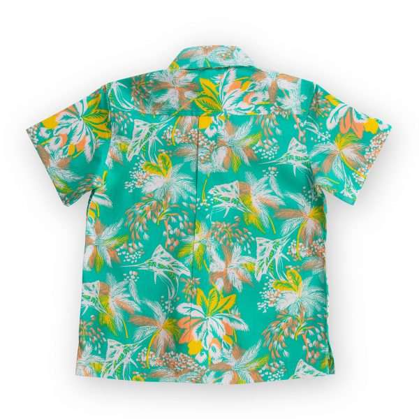 Image of the rear side of the tropical printed green shirt