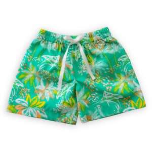 Flatlay of green tropical print shorts with a faux drawstring, two coordinated side pockets and elasticated waist