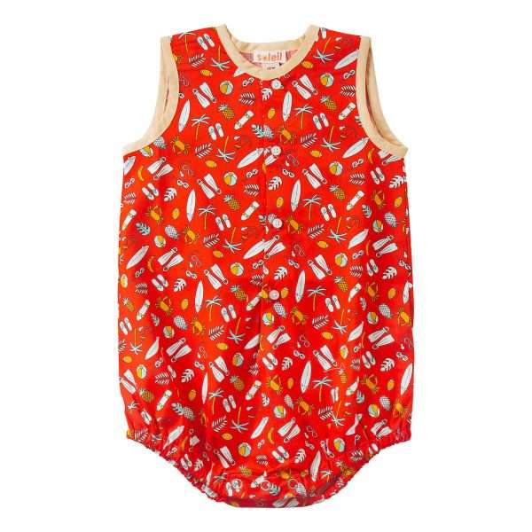 Flatlay of red onesie with a round neckline, front button placket and an all-over fun print